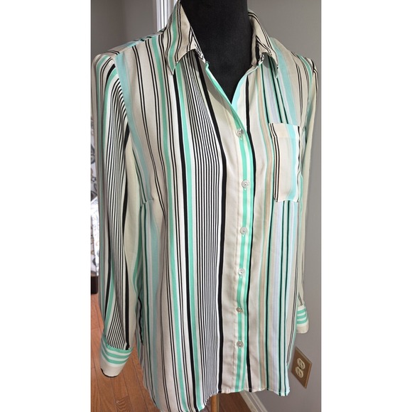 Chico's Tops - Chicos Button Up Stripe Blouse Tunic Buttons Sz 1 Career Aqua Green Black